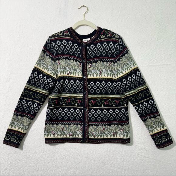 Cherokee Black/Green Fair Isle Holiday Buttoned Oversized Cardigan Sweater Small - Picture 1 of 5